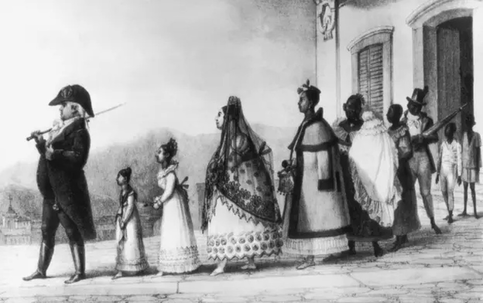 Gravura mostra família de colonizadores portugueses no Brasil， por volta de 1820 — Foto: GETTY IMAGES