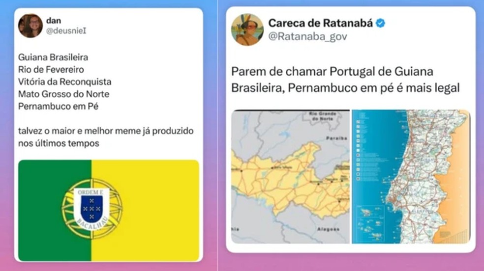 Memes criados por brasileiros apelidaram Portugal de "Guiana Brasileira" — e outros nomes criativos — para insinuar que o país lusitano é uma nova extensão do Brasil — Foto: Rede X