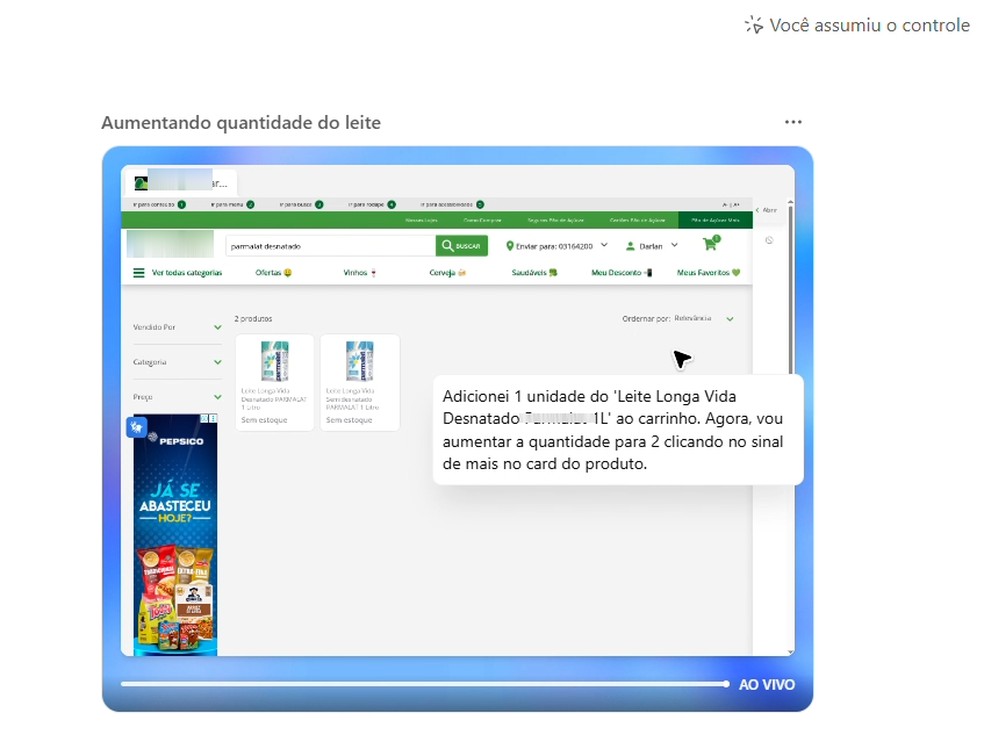 Agente do ChatGPT tentando realizar compra no site de um supermercado. — Foto: Reprodução